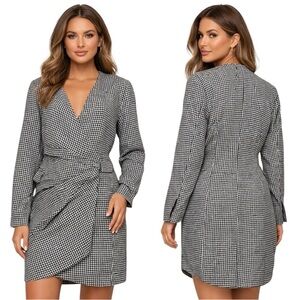 Jason Wu houndstooth black white long sleeve short wrap dress size medium